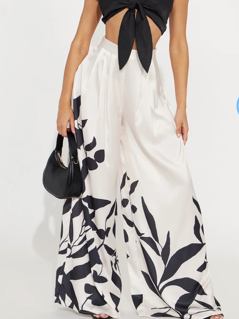 Fashion Nova White Wide-Leg Satin Pants with Black Floral Print